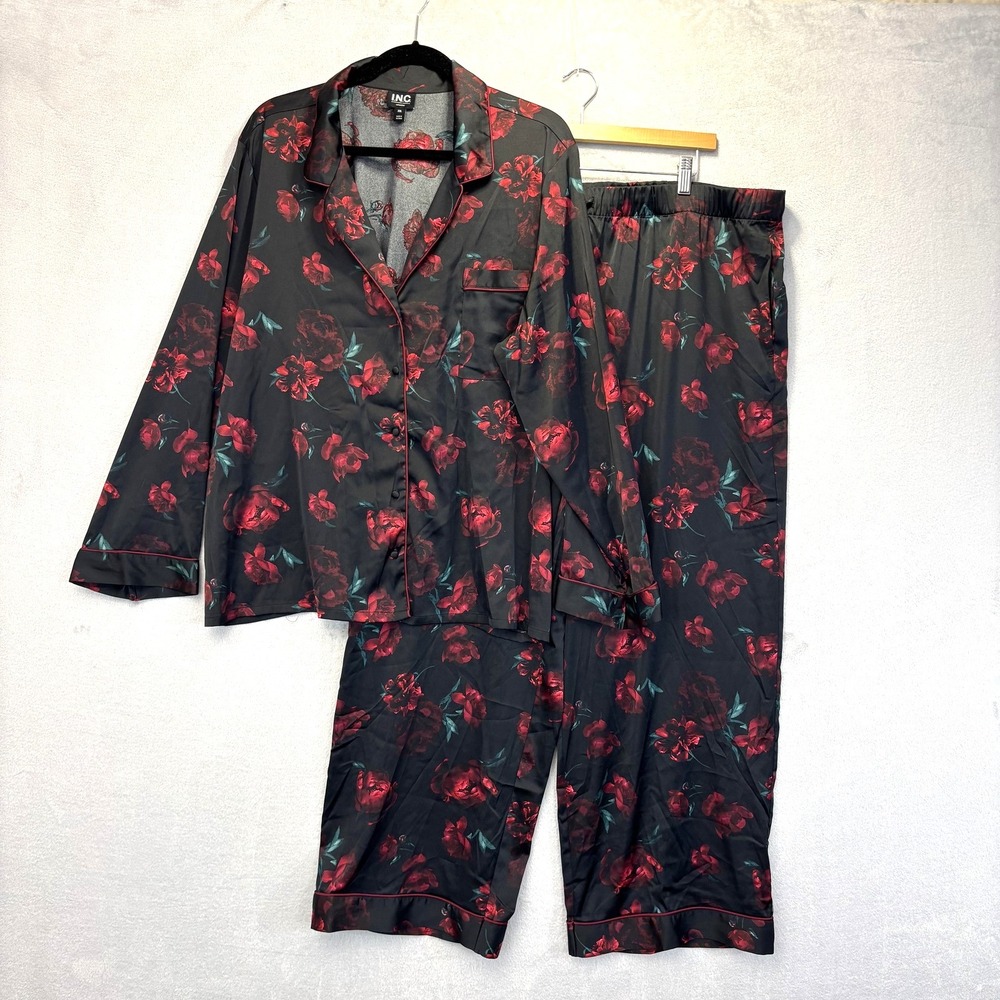 Dark Floral Satin Pajama Set Womens 2XL XXL Black Red Wide Leg Flowy I.N.C.